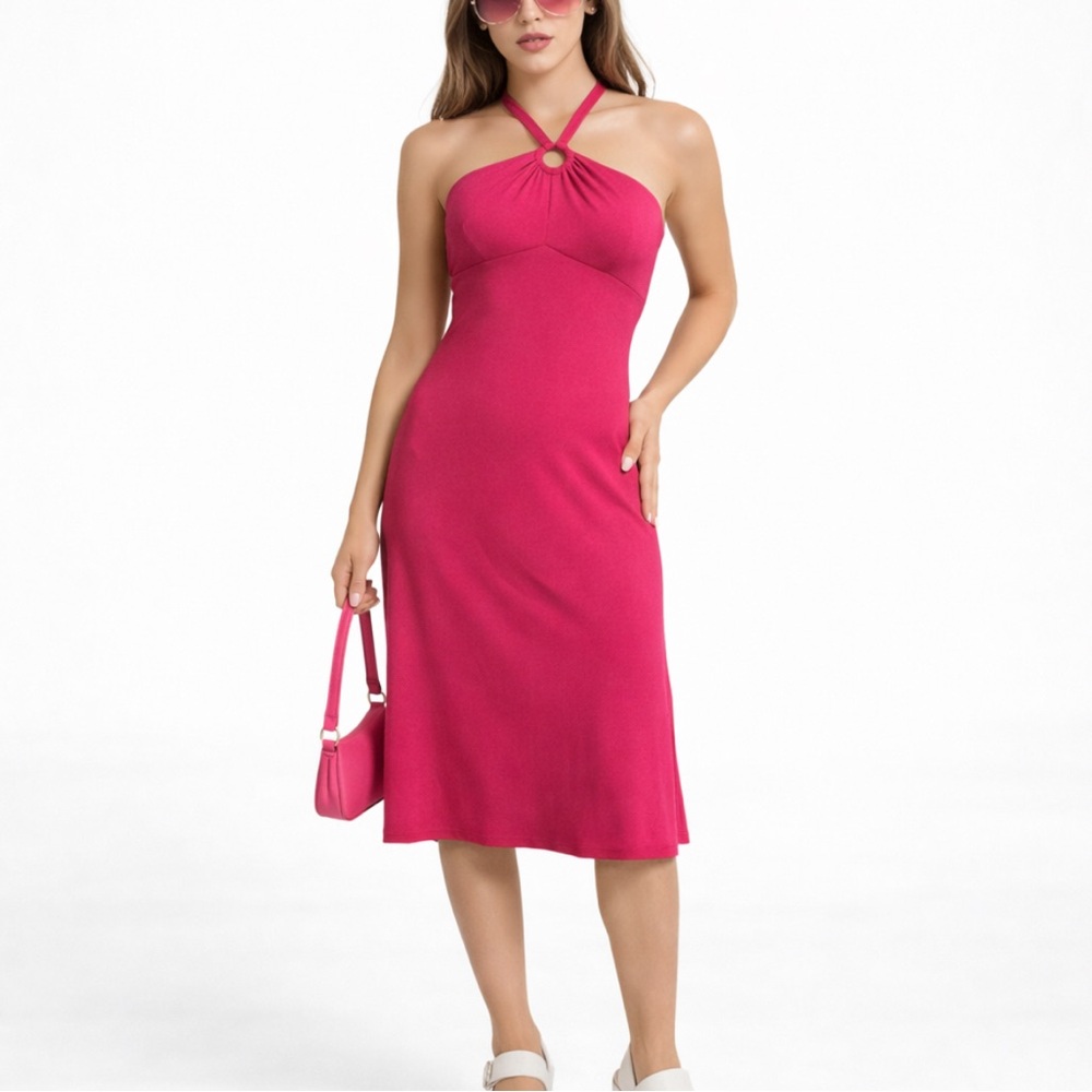 Y2K LOFT Babydoll Halter Midi Dress Mall Girl Coquette Preppy Resort Pink Size 8